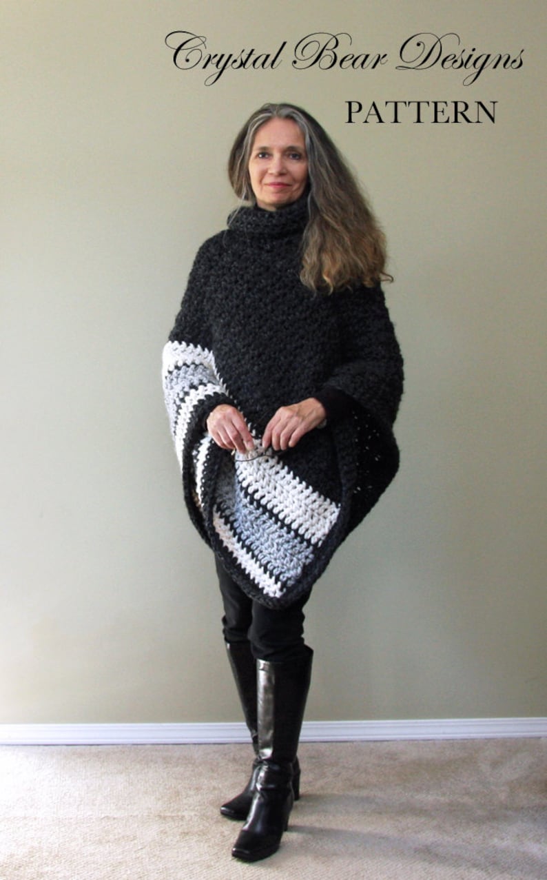 Crochet PATTERN Chunky Turtleneck Poncho for Women Ebony and Ivory Poncho image 5