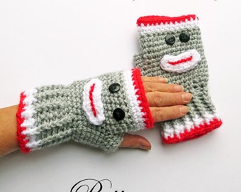 Crochet Fingerless Gloves PATTERN / Sock Monkey Texting Mittens