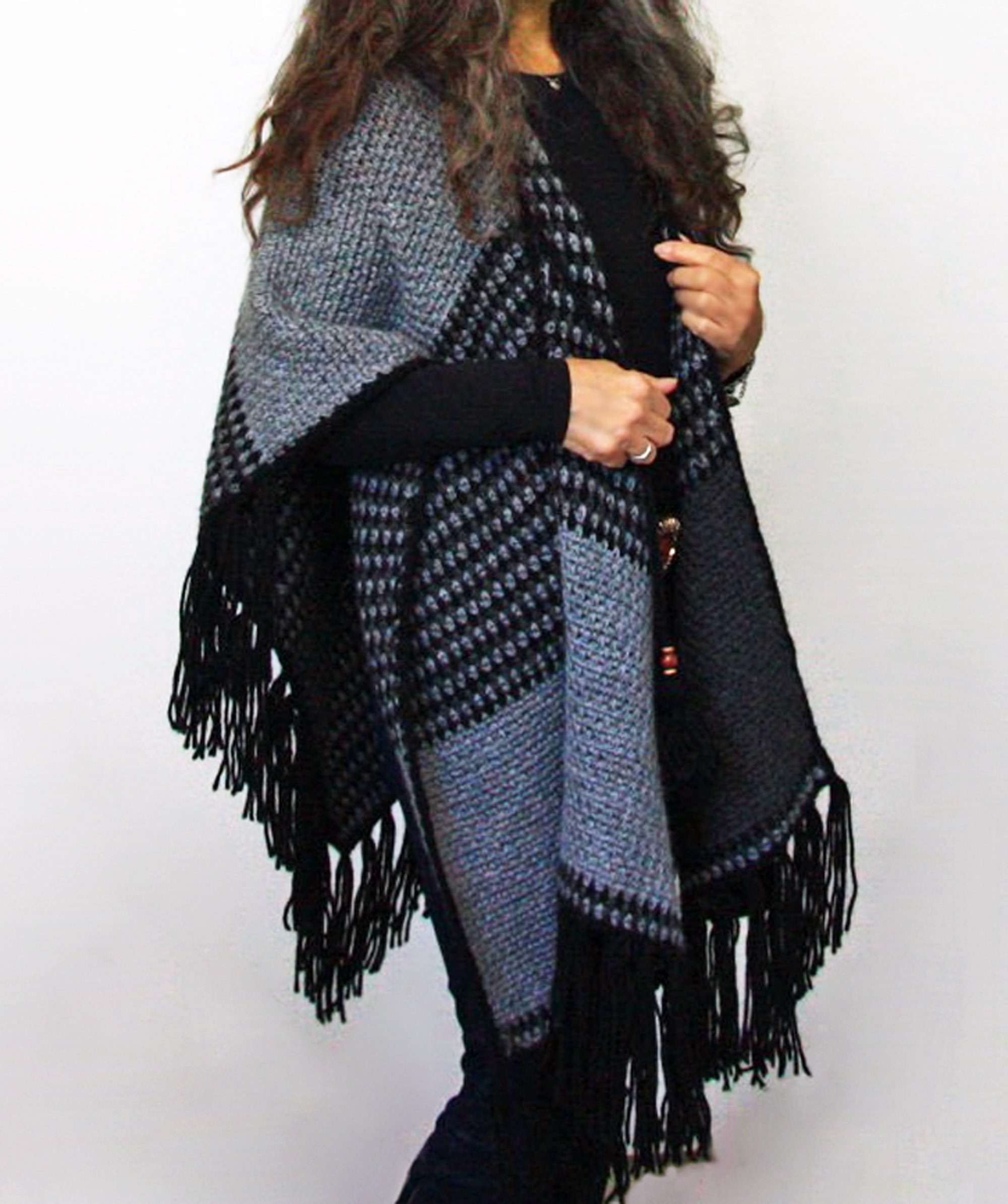 Cozy Ruana Hooded Shawl with a Pointed Back