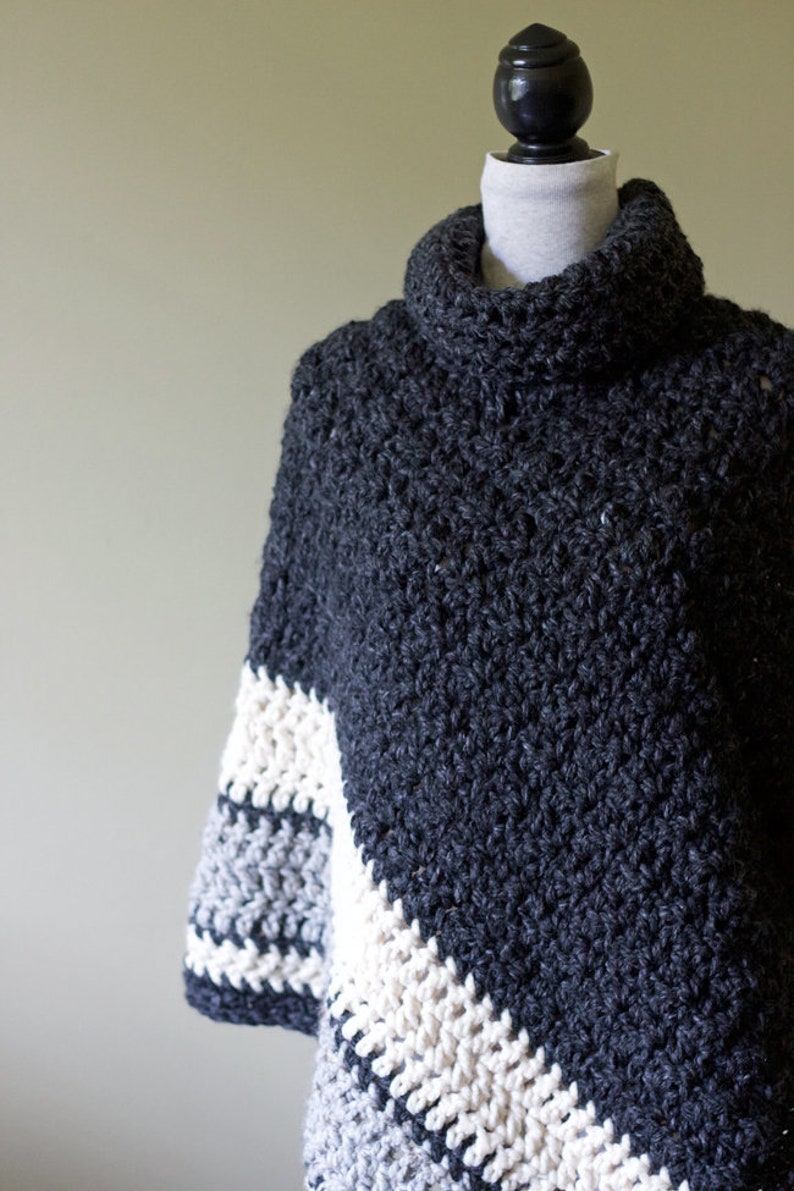 Crochet PATTERN Chunky Turtleneck Poncho for Women Ebony and Ivory Poncho image 6