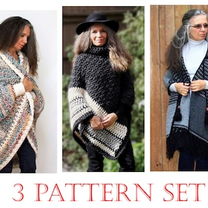 Crochet Pattern Bundle Discount 3 Pattern Set Oversized Crochet Cardigan Shrug Cocoon Pattern Turtleneck Poncho Hooded Shawl