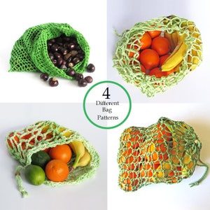May include: Four different crochet bag patterns shown with various fruits and nuts inside. The bags are green and feature a variety of mesh patterns.