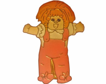 Cabbage Patch Kids girl vintage enamel pin lapel badge  CPK pink overalls pinback