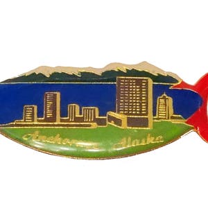 ANCHORAGE ALASKA Estado vintage esmalte pin solapa insignia recuerdo pescado pinback