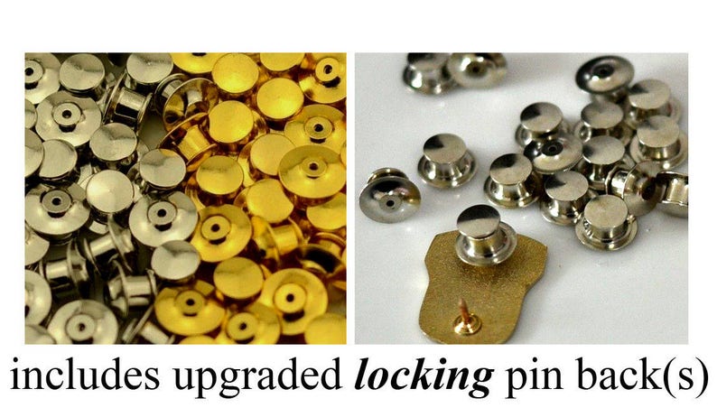 May include: A close-up of a large quantity of gold and silver pin backs. The pin backs are designed to be used with a variety of pins and badges. The image includes the text "includes upgraded locking pin back(s)".