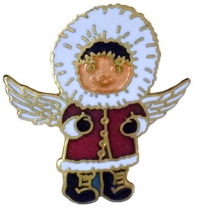 ESKIMO ANGEL CHERUB vintage esmalte pin solapa insignia recuerdo Alaska invierno Navidad pinback