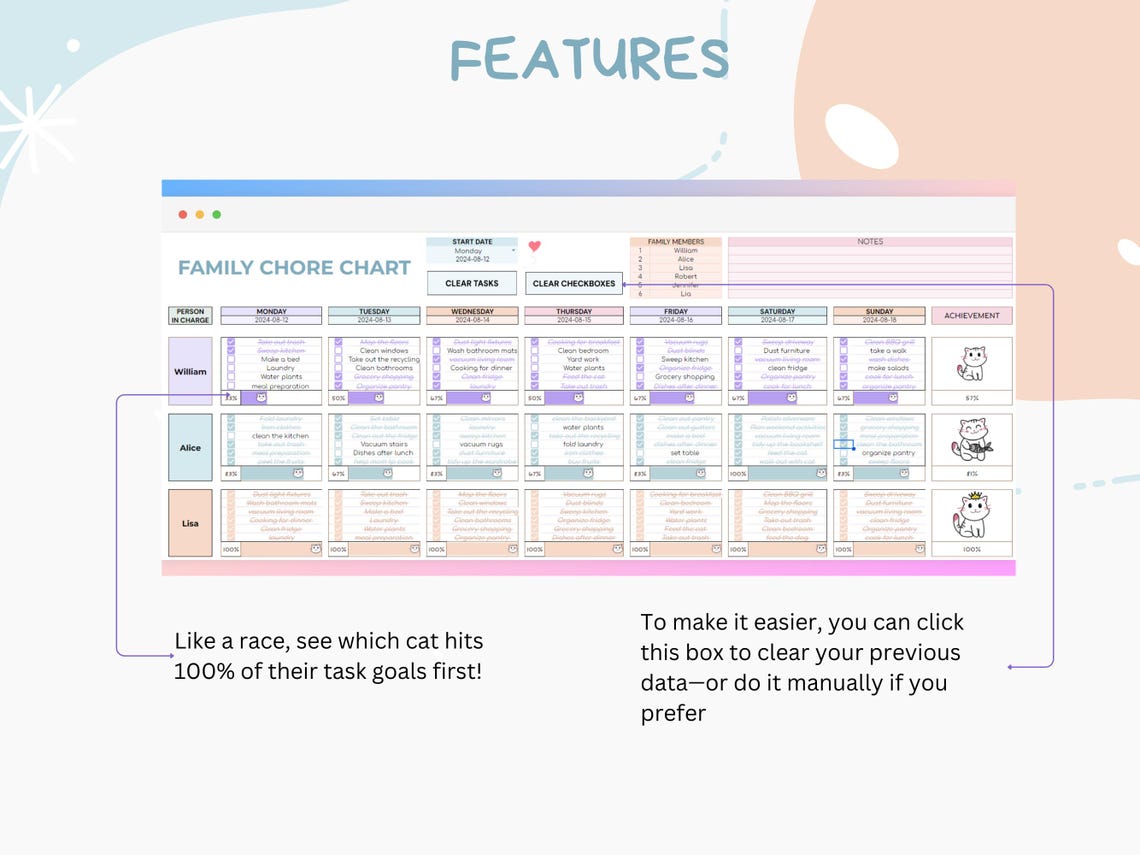 Chore Chart Google Sheet Template Planner, Editable Family Kids Chore