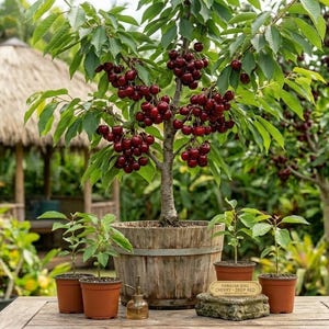May include: A cherry tree with ripe, dark red cherries, planted in a wooden barrel. Several small potted plants surround the tree on a wooden table. A thatched-roof structure is visible in the background, surrounded by lush greenery.