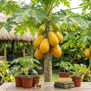 May include: A papaya tree laden with ripe, yellow papayas. The tree is surrounded by lush green foliage and small potted plants. A thatched-roof structure is visible in the background, suggesting a tropical setting. The image showcases a natural, outdoor scene.