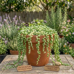 May include: A terracotta pot overflowing with a lush trailing plant, Curio rowleyanus 'Variegata', also known as Variegated Pearls. The plant's cascading green and white pearl-like leaves create a visually appealing display. The pot sits on a wooden surface, surrounded by other plants.