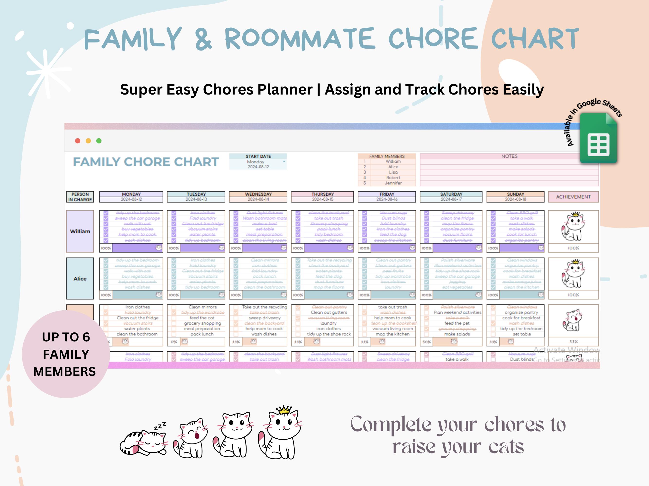 Chore Chart Google Sheet Template Planner, Editable Family Kids Chore ...
