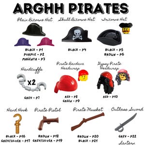 LEGO® Pirate Minifigure Accessories – Treasure Maps, Cannons, Parrots, Hooks, Chests, Anchors! Minifig accessories, Lego Wedding Accessories
