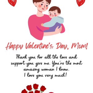 Valentinstagskarte für Mama-Postkarte (Glückliche Valentinstag-Mama-Mutter-Mama-Karte Rote Rose Liebe Bearbeitbare, bereite zum Drucken der Vorlage)