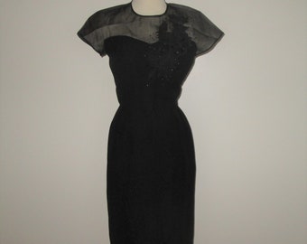 Vintage 1950s Black Crepe Rhinestone Dress