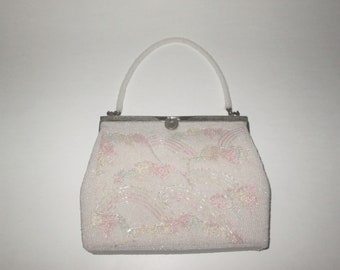 Vintage White Beaded Pastel Design Handbag