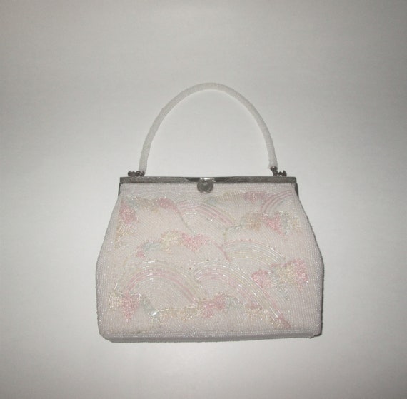 Vintage White Beaded Pastel Design Handbag - image 1