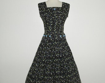 Vintage 1950s Black Abstract Print Sleeveless Dress - Size S, M