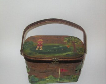 Vintage Wooden Basket-Weave Handbag - Lady Golfer - 19th Hole