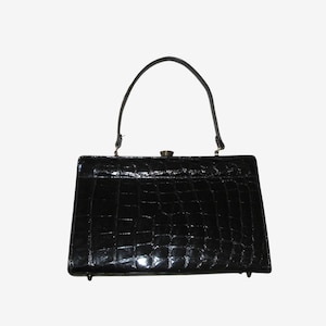 Vintage 1950s 1960s Black Faux Alligator Handbag