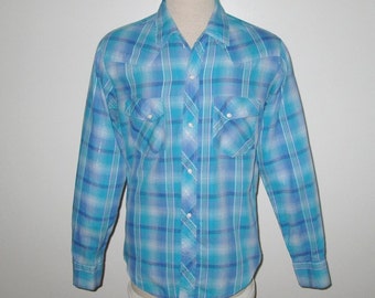 Vintage 1950s 1960s Blue Plaid Western Shirt By The Pecos - Size M