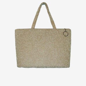 Vintage 1950s Beige Beaded Lumured Handbag - Large!