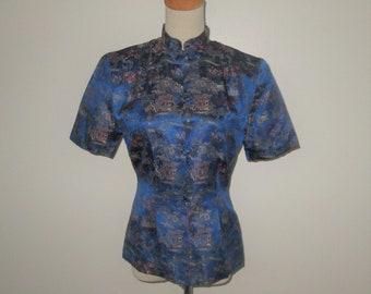 Vintage Blue Cheongsam Blouse - Size M