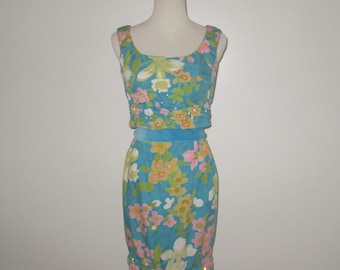 Vintage 1960s Blue Floral Mini Dress With Matching Top By Branell - Size XS