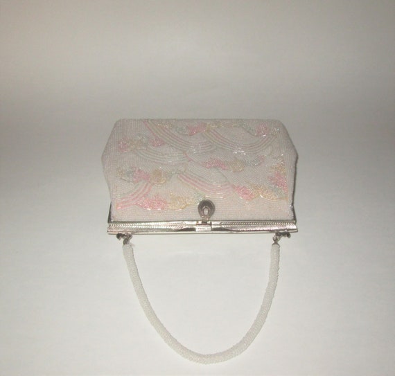 Vintage White Beaded Pastel Design Handbag - image 5