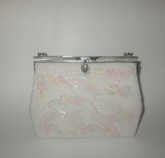 Vintage White Beaded Pastel Design Handbag - image 2