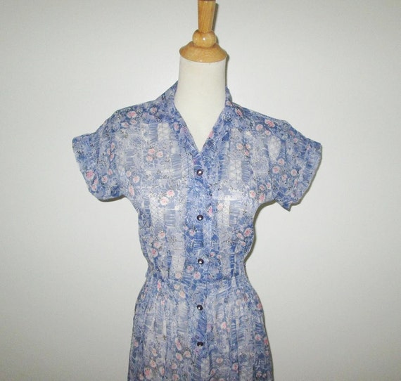 Vintage 1950s Blue Nylon Novelty Print Dress - Si… - image 2