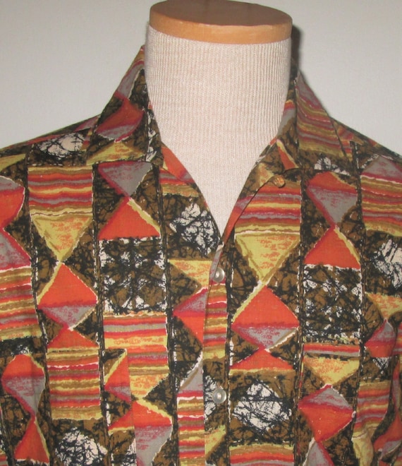 Vintage 1950s 1960s Orange Abstract Print Shirt B… - image 2