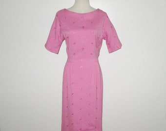 Vintage 1950s Pink Floral Embroidered Dress - Size S, M