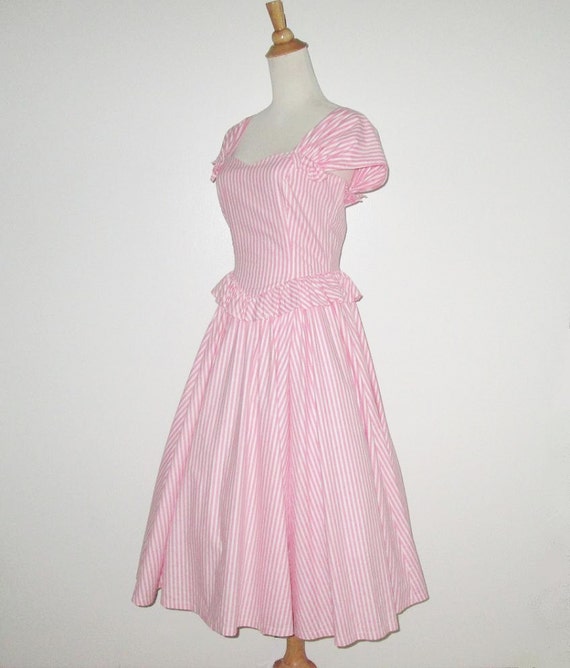 Vintage 1950s Pink Striped Dress With Peplum - Si… - image 3