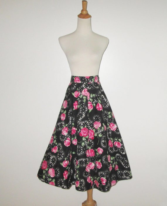 Vintage 1950s Black Floral Skirt With Pink And Re… - image 1