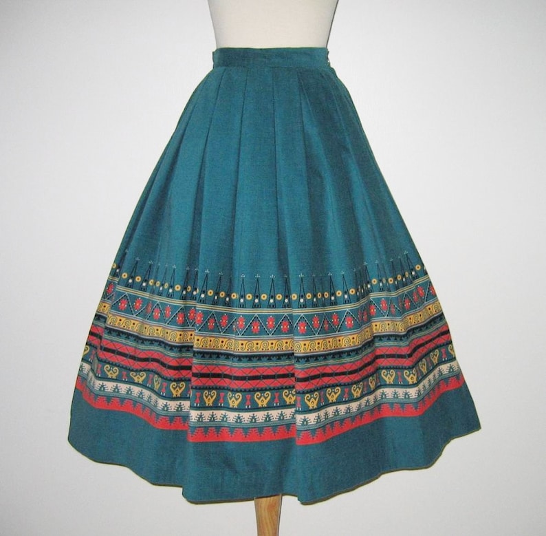 Vintage 1950s Teal Blue Corduroy Novelty Print Skirt With Abstract Design By Shirley Lee S Size XS