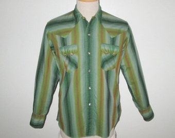 Vintage 1960s Green Striped Shadow Plaid Western Shirt - Size M