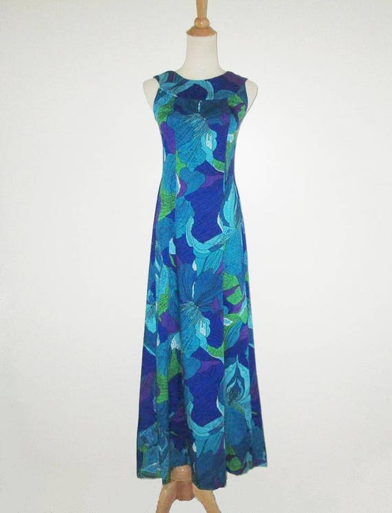 Vintage 1970s Blue Hawaiian Maxi Dress By Pomare … - image 2