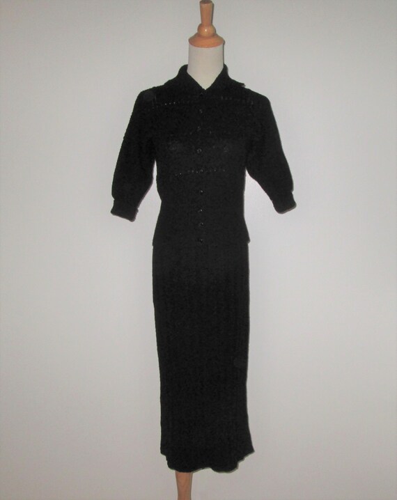 Vintage 1940s 1950s Black Wool Knit Sweater Skirt