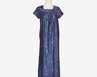 Vintage 1950s 1960s Blue Floral Hawaiian Maxi Dress - Made In Hawaii - Size M, L