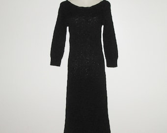 Vintage 1950s Black Sweater Dress With Ribbon Accents - Size S