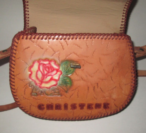 Vintage 1960s 1970s Tan Hand Tooled Leather Shoul… - image 5