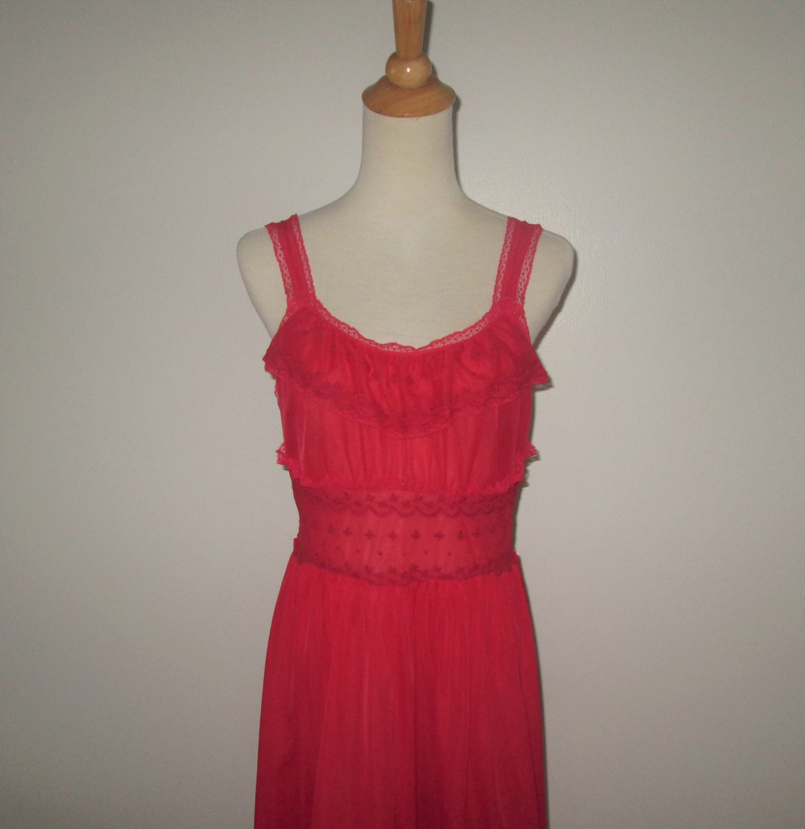 Vintage 1950s Red Nightgown With Lace Embroidered Accents by - Etsy