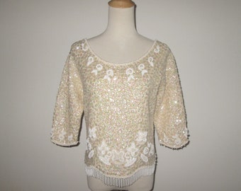 Vintage 1960s Cream Sequin Beaded Top Blouse By Virginia's - Size M