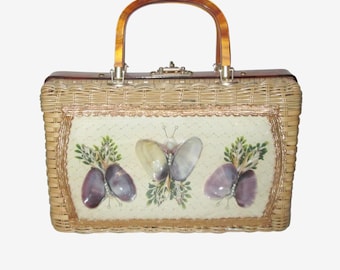 Vintage Wicker Handbag: 1950s Shell Butterfly Lucite Purse