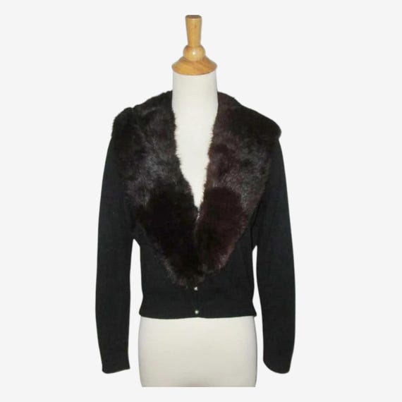 Vintage 1950s Black Sweater With Large Fur Collar By City Fur Co. - Size M