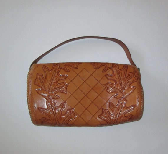 Vintage 1950s 1960s Tan Leather Handbag Purse Wit… - image 7