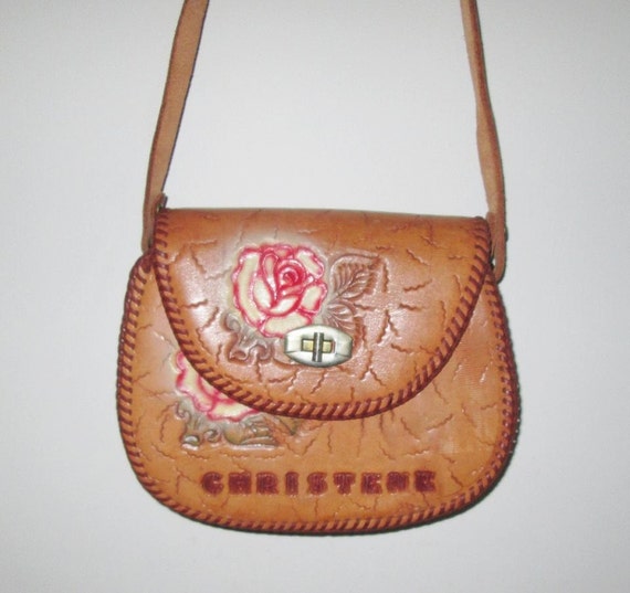 Vintage 1960s 1970s Tan Hand Tooled Leather Shoul… - image 1