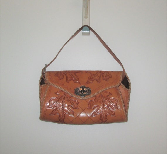 Vintage 1950s 1960s Tan Leather Handbag Purse Wit… - image 1