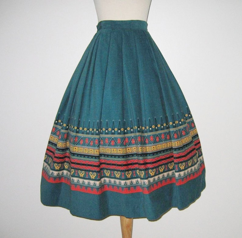 Vintage 1950s Teal Blue Corduroy Novelty Print Skirt With Abstract Design By Shirley Lee S Size XS
