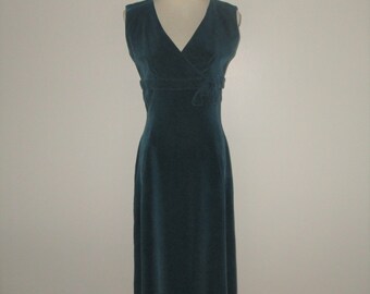 Vintage 1950s 1960s Teal Blue Velvet Dress With Empire Waist & Bow - Size S, M